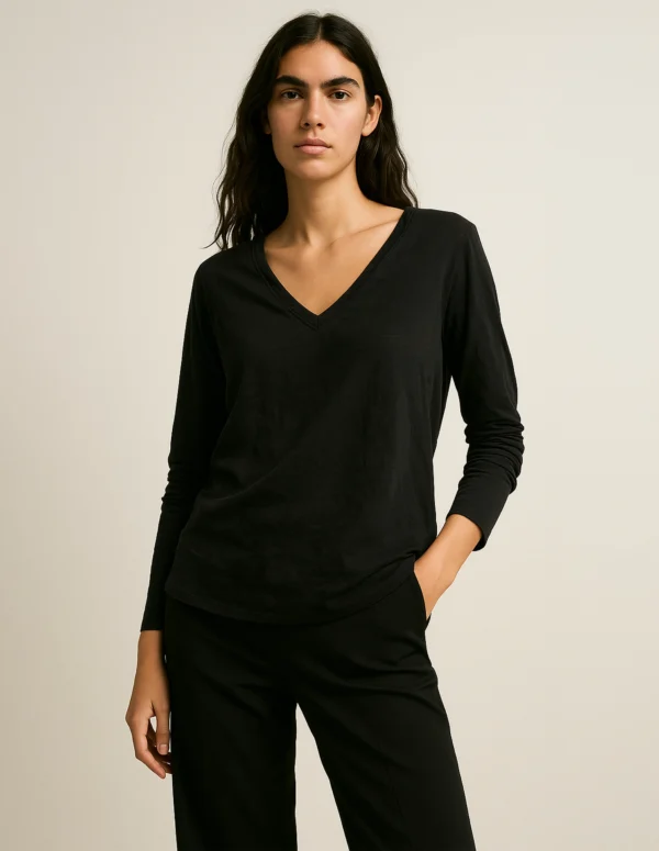 Midnight Black V-Neck Long Sleeve Tee